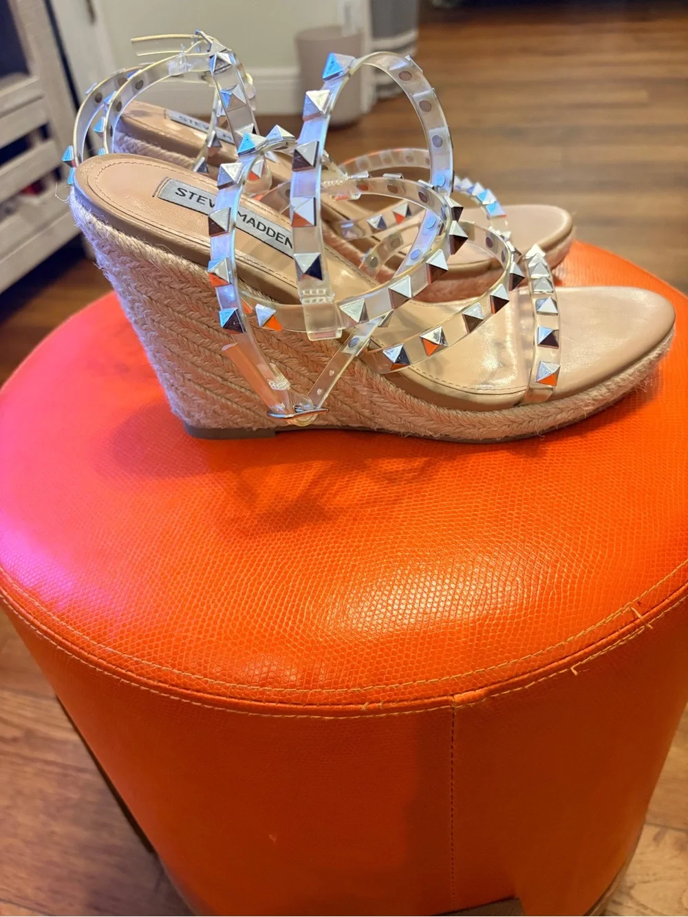 Steve Madden Clear Studded Espadrille Wedges with Metallic Accents